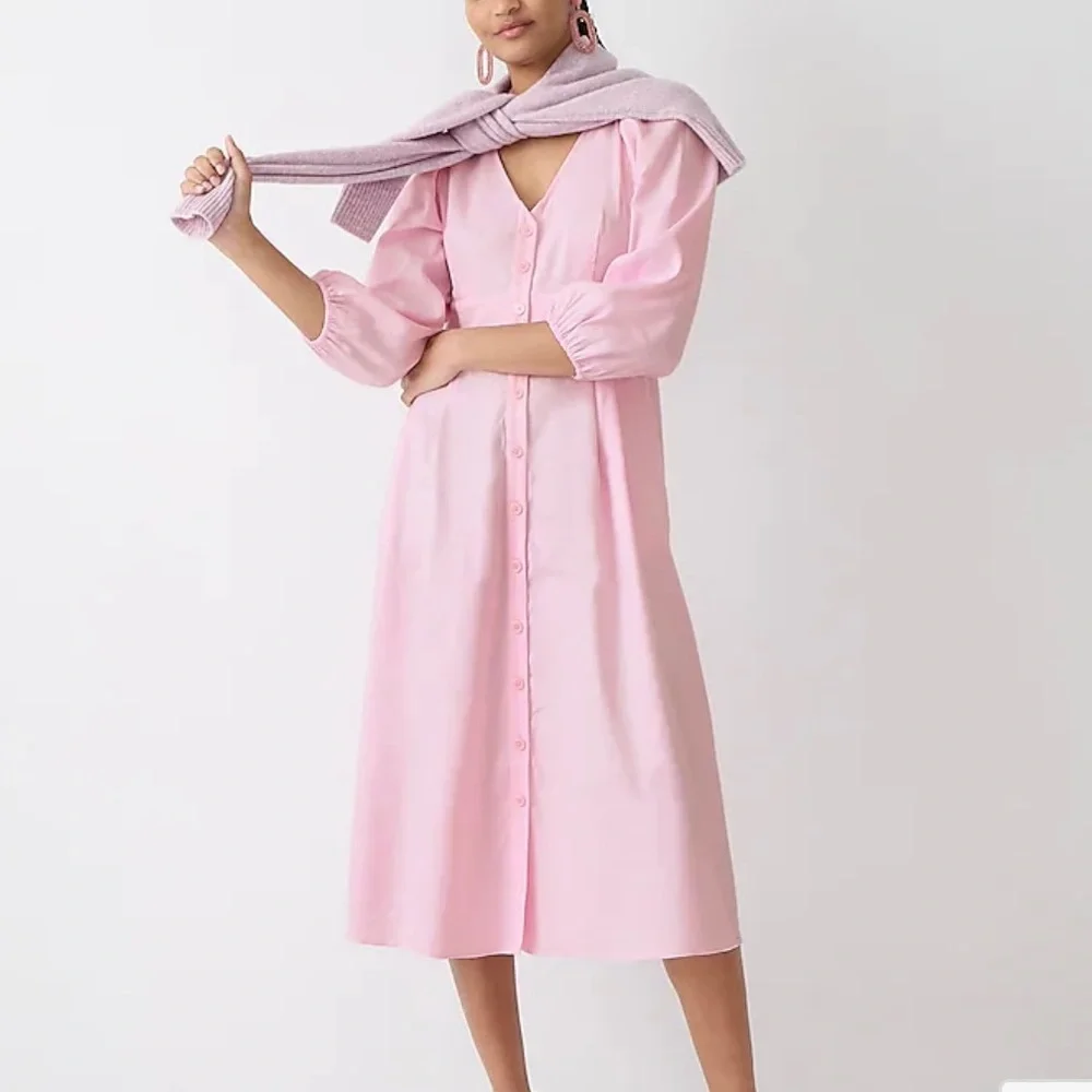 J. Crew Pink Midi Dress with Puff Sleeves